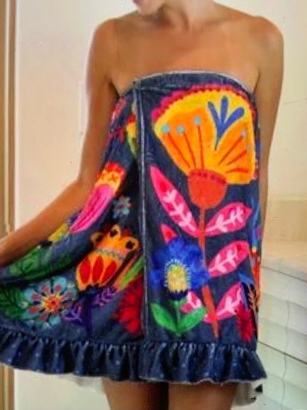 NATURAL LIFE Navy Floral Embroidered Strapless Towel Dress L/XL